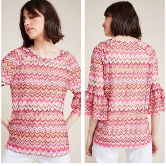 Anthropologie Eva Franco Lorelle Blouse Womens Small Pink Chevron 60's 70's Top - Picture 2 of 7